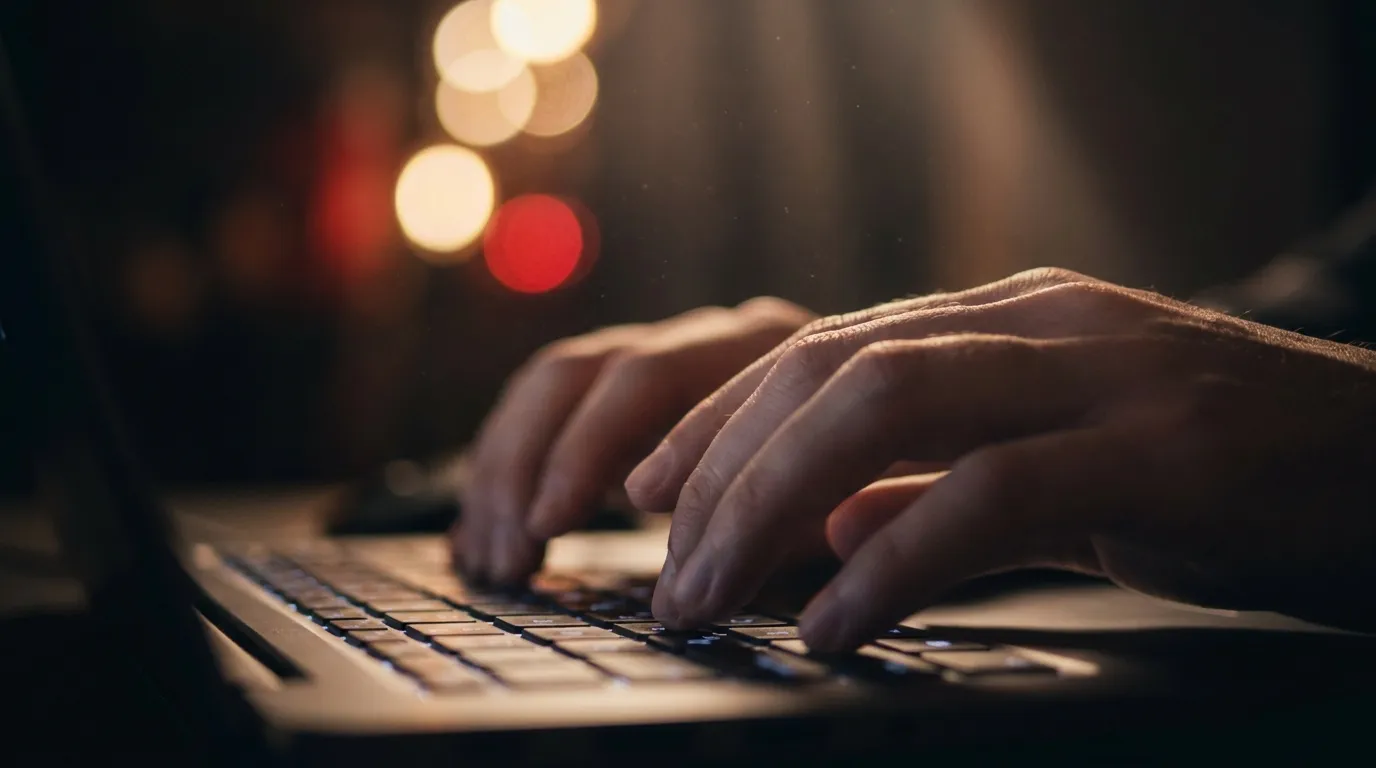 Mains sur un clavier rétroéclairé dans un atelier sombre